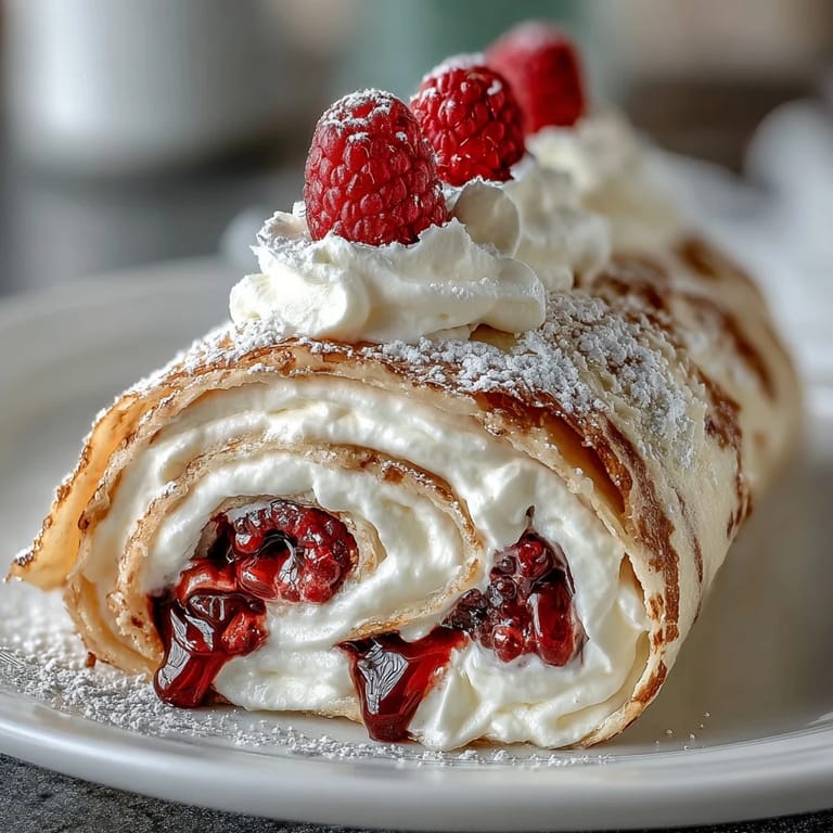 Beautifully rolled crepe cake with delicate layers of cream and berries, dusted with powdered sugar.