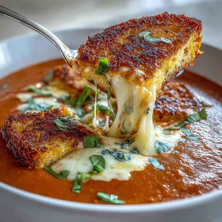 Velvety tomato soup infused with fresh basil, served with crispy grilled cheese croutons on top for a comforting meal.  