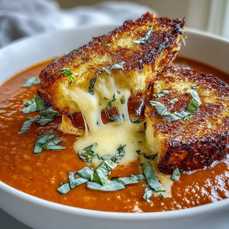 A steaming bowl of rich tomato basil soup topped with buttery grilled cheese croutons, perfect for chilly evenings.