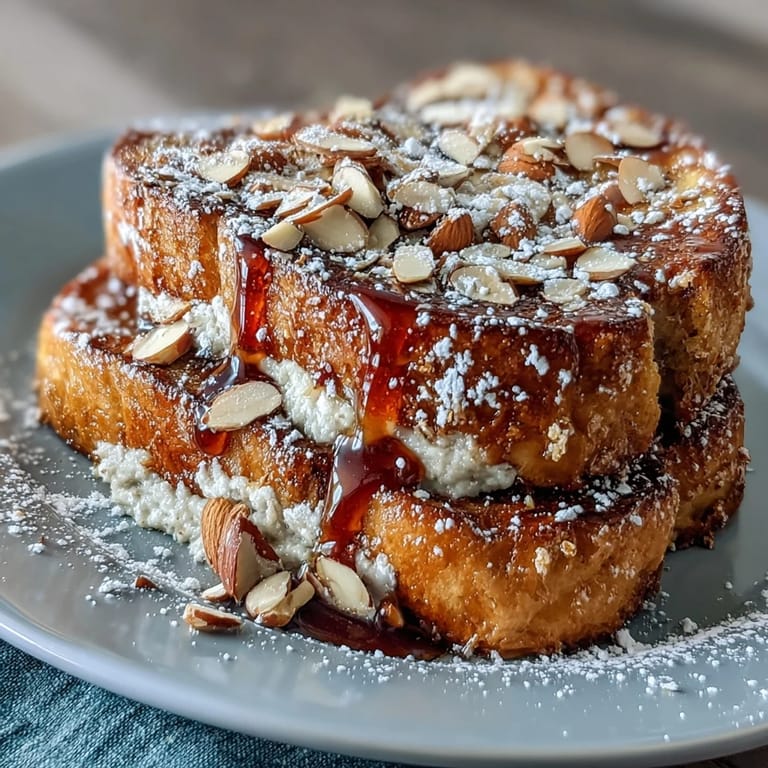 A lavish brunch dish featuring thick brioche soaked in almond cream, pan-fried golden, and topped with crunchy toasted almonds.