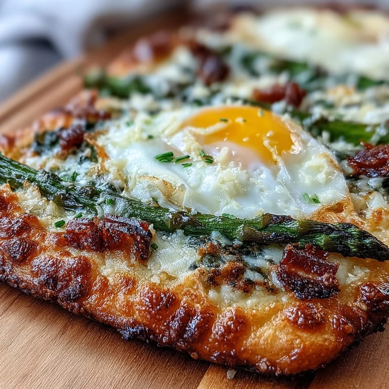 Golden baked asparagus and egg flatbread, perfect for a delicious brunch.