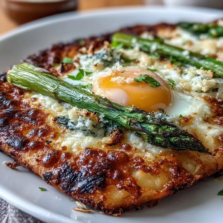 Tender asparagus spears crown this cheesy egg flatbread, ready to enjoy.