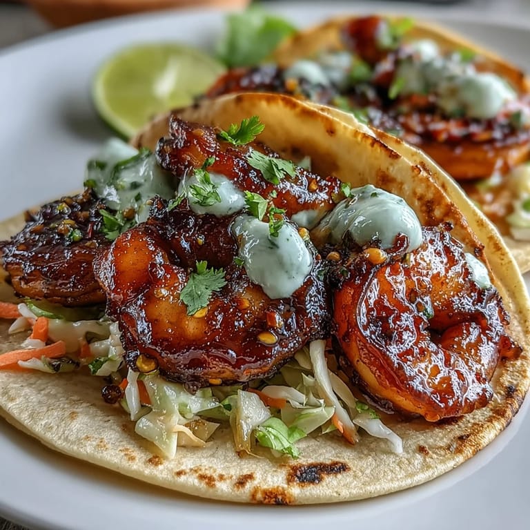 Sweet and savory honey garlic shrimp tacos, topped with vibrant, fresh slaw mix.