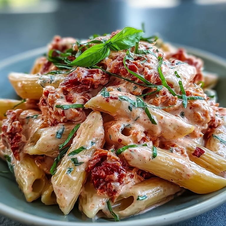 Viral pink sauce pasta served in a skillet, blending tangy tomato with velvety cream and aromatic herbs for a luscious dish.