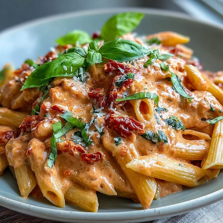 A bowl of viral pink sauce pasta topped with parmesan and basil, showcasing the perfect balance of creamy and tangy flavors.