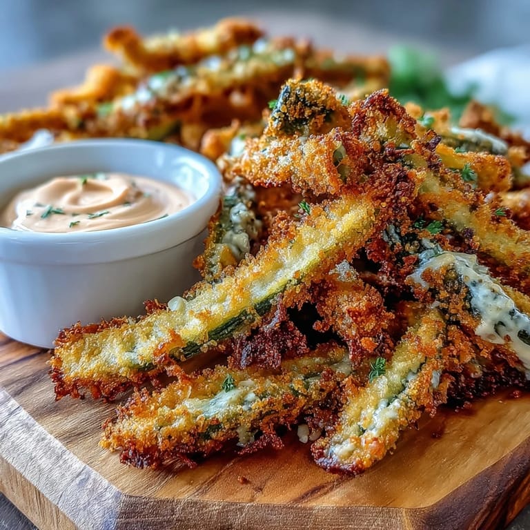 Golden brown dill pickle fries, hot from the air fryer, ready for dipping.