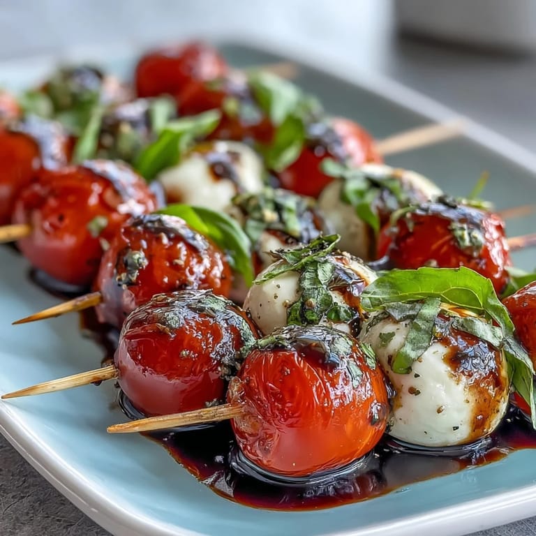 Fresh Caprese skewers appetizer featuring mozzarella, tomato, basil, and balsamic drizzle perfection.