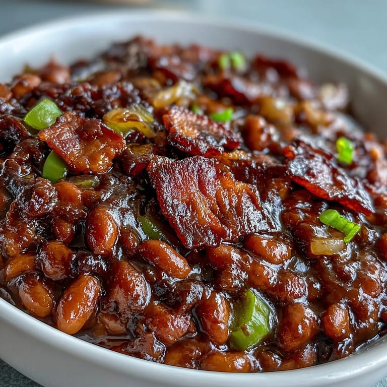 Hearty Juneteenth BBQ baked beans, rich with molasses, ready to serve.