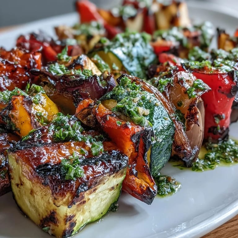 Platter of grilled veggie kabobs, perfectly charred, finished with herbaceous chimichurri.