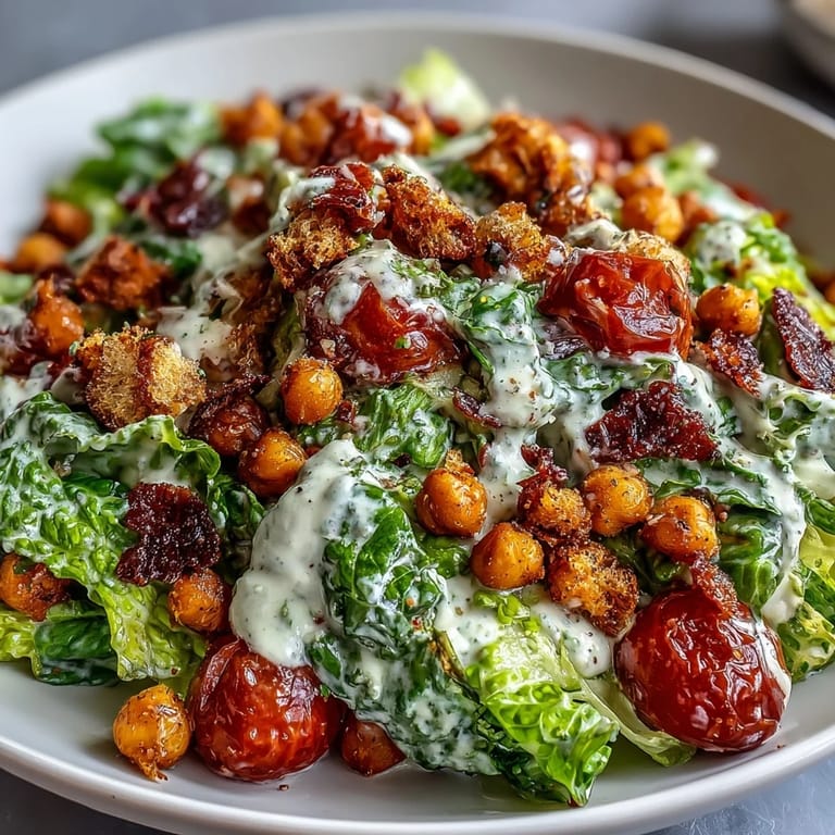 Fresh romaine and vibrant veggies tossed with delicious vegan Caesar dressing and chickpeas.