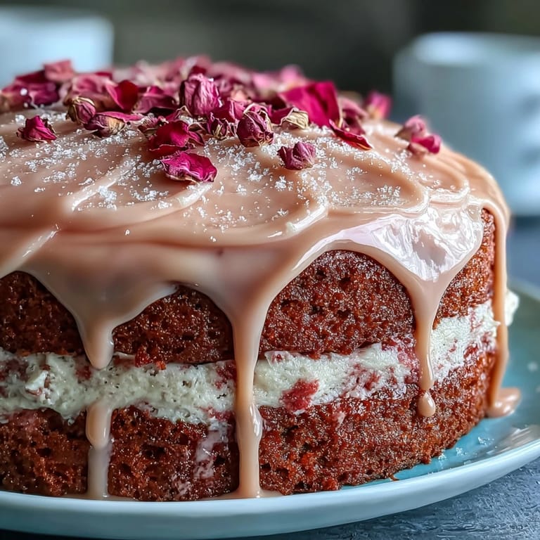 Luscious pink velvet cake, perfect for celebrations with a luxurious gold drip.