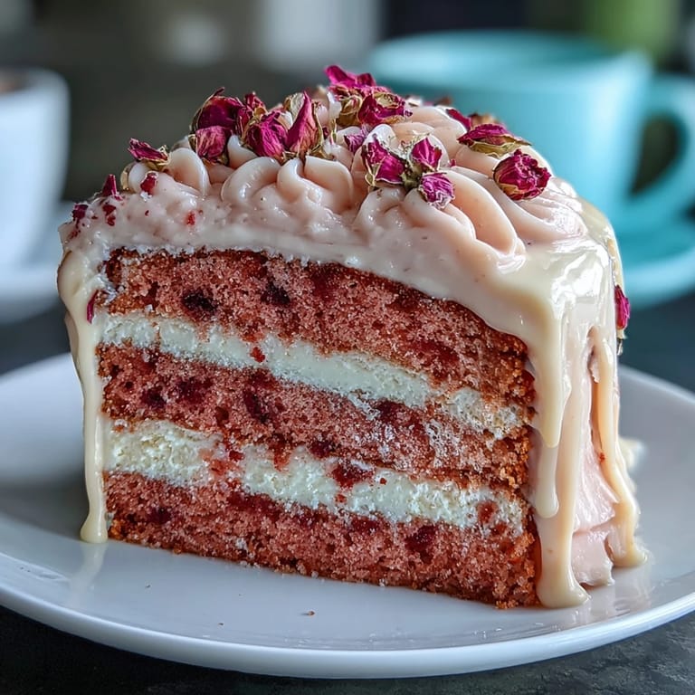 Delicate rosé wine cake, beautifully adorned with a cascade of liquid gold.