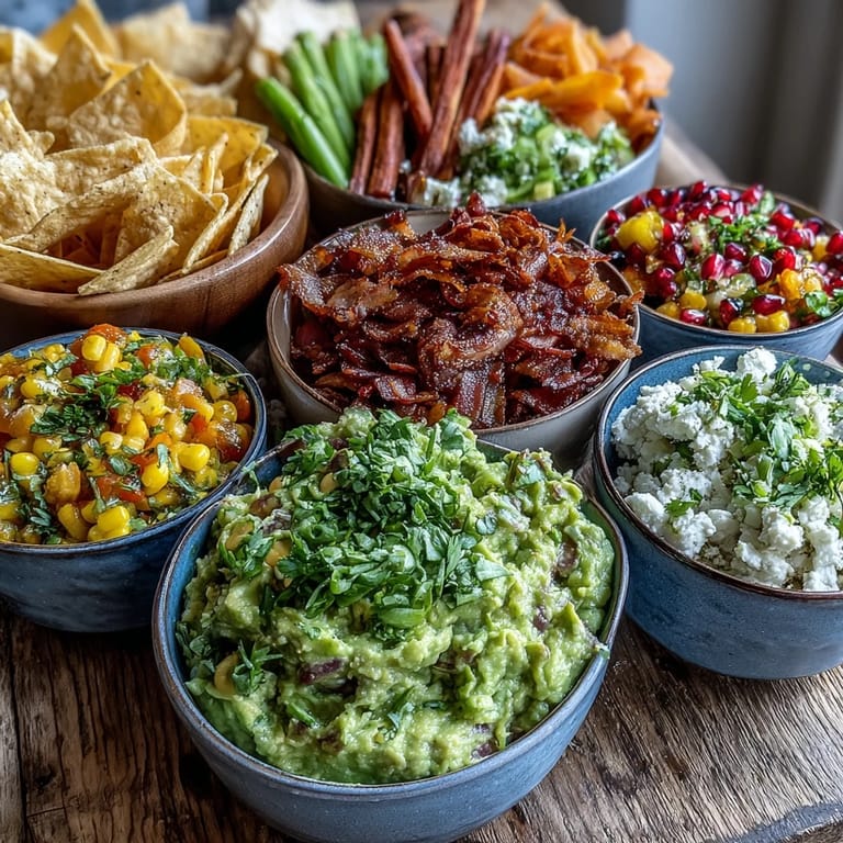 Freshly made guacamole surrounded by colorful toppings, perfect for a gathering.