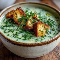A comforting bowl of Garlic and Herb Soup topped with fresh parsley and croutons, served warm as a cozy starter.
