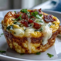 Golden-baked Breakfast Egg Muffins featuring melted cheddar, bacon, and peppers on a rustic white plate.