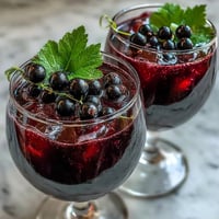 Deep purple Black Currant and Cassis Cocktail filled in chilled wine glasses, garnished with fresh berries.