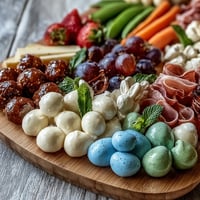 Festive mini Easter basket charcuterie board brimming with cheeses, meats, fruits, and sweet treats, perfect for spring gatherings.
