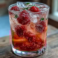 Refreshing raspberry lemon spritz mocktail with vibrant red berries and fresh mint, served over ice in clear glasses.