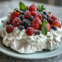 Elegant pavlova with fresh berries and cream, featuring crisp meringue shell and fluffy whipped topping.