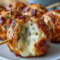 Golden brown Derby Party Olive Cheese Balls skewered, ready for festive snacking.