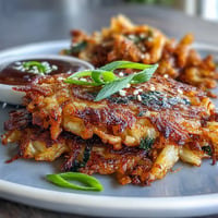 Crispy Cabbage Kimchi Pancakes sizzling in a skillet, golden brown and loaded with tangy kimchi and fresh cabbage.  