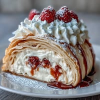 A stunning crepe roll cake layered with whipped cream and fresh berries, ready for slicing.  