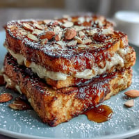 Almond croissant French toast with golden brioche slices, almond cream, and toasted almonds for a decadent breakfast treat.