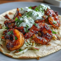 Tender honey garlic shrimp tacos piled high with crunchy slaw and juicy lime crema.
