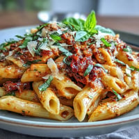 A creamy pink sauce pasta with rich tomato and parmesan, garnished with fresh basil for a vibrant, comforting meal.