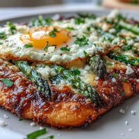 Crispy asparagus and egg flatbread, topped with runny yolks and melty cheese.