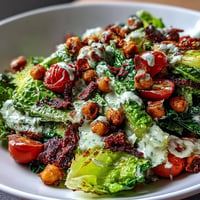 Vegan Caesar Salad with crispy chickpea croutons, drizzled in creamy dressing.