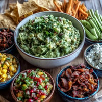 Vibrant guacamole bar with five delicious topping options for a party appetizer.